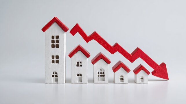 A horizontal row of white wooden model houses with red roofs, decreasing in size, on a white background. A red arrow above shows economic decline in real estate. Perfect for illustrating market crisis