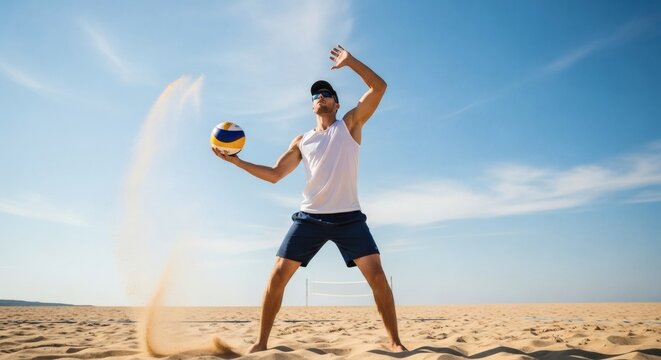 Athletic man tosses sand into the air while preparing to serve a volleyball on a sunny beach. - Powered by Adobe