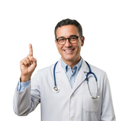 Fototapeta premium Smiling male doctor wearing glasses and stethoscope points upward with index finger isolated on transparent background