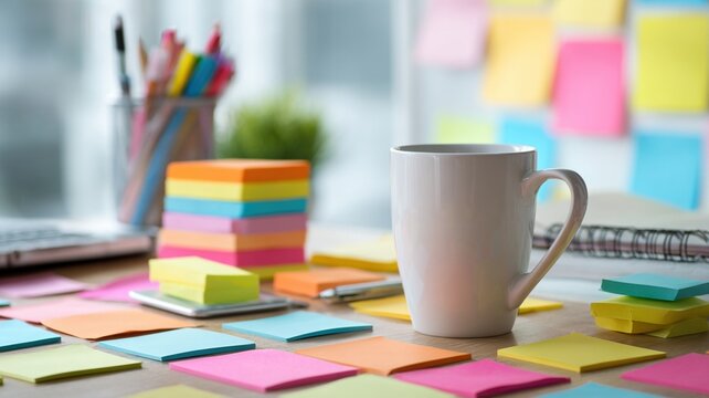 Colorful sticky notes scattered on a desk with a white coffee mug, laptop, and stationery, creating an organized workspace atmosphere for productivity and creativity