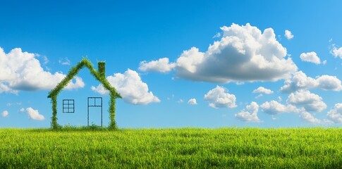 A new house stands on a green field in the summer, with the sky above a brilliant blue