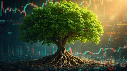 Obraz premium This image shows a green tree with a strong trunk and roots against a backdrop of financial charts illuminated by sunlight. Concept of stable growth and reliable investments.