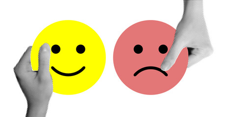 Minimalist Conceptual Illustration Depicting Two Halftone Hands Exchanging Happy and Sad Face Symbols