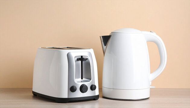Modern white electric kettle and toaster kitchen appliances isolated on transparent background