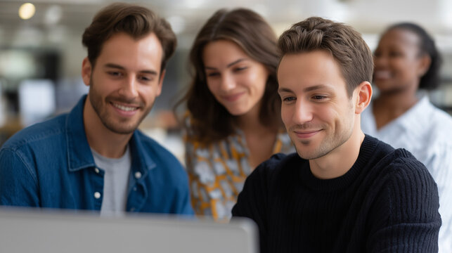 A diverse team of designers collaborating on an app layout in an office
