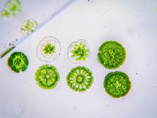 Microscope view of green plant cells on white background. AI-generated.