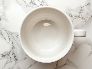 Top view of empty white ceramic mug on marble surface. AI-generated.