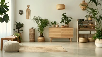 Scandinavian living room with plants and wooden furniture. AI-generated.