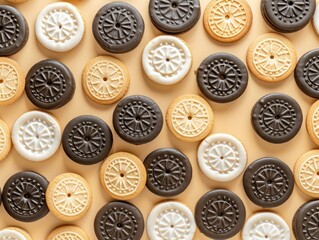 Assorted sandwich cookies arranged in a repeating pattern. AI-generated.