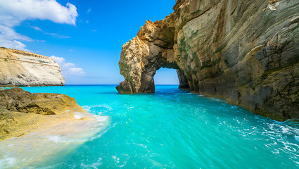 This is a beautiful ocean cave arch with clear blue water and sunny skies, perfect for vacation and travel themes.