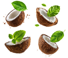 Fresh coconut halves and green leaves arranged for tropical theme