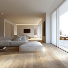 Fototapeta premium Spacious, modern living room with minimalist design features large white sectional sofa and wooden flooring. Natural light floods through floor to ceiling windows, creating serene atmosphere