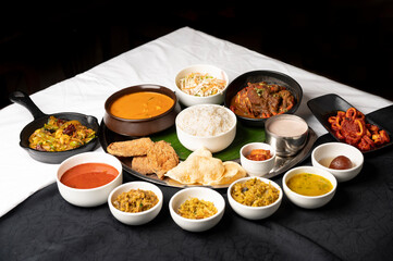 Goan fish thali with rawa fried kingfish, crab, calamari, prawns, fish curry, sambar, rice, papad,...