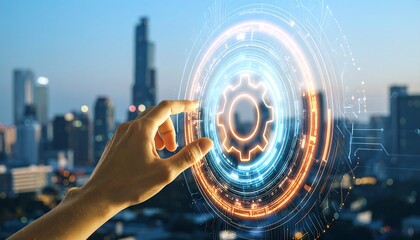 A hand interacts with a holographic gear graphic over a cityscape at twilight