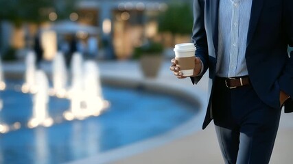 Executive walking to meeting with coffee in urban plaza - Powered by Adobe
