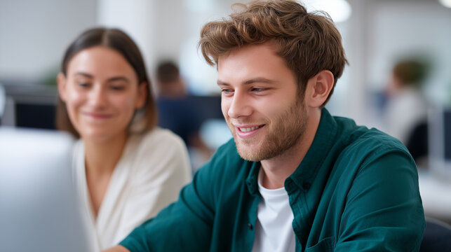 Graphic designer provides constructive feedback to smiling intern in agency