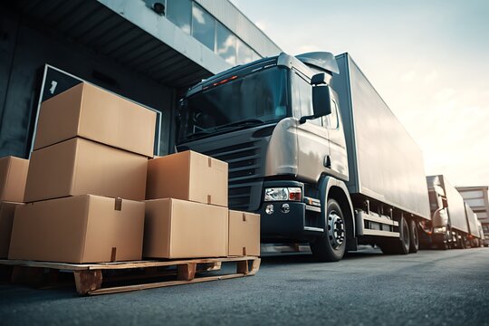 Delivery boxes being packed and loaded onto truck outside warehouse

