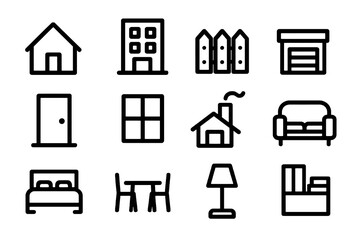 Black home icon set with 12 housing and furniture symbols. Perfect for real estate, interior design, and architecture projects