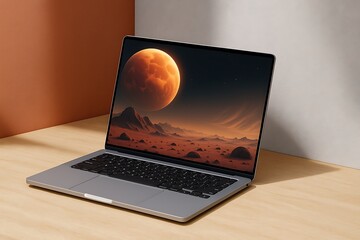 Laptop Mockup on Wooden Desk with Space Landscape Screen Display