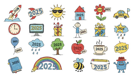 Colorful doodle illustrations with 2023 text in various designs