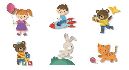Fototapeta premium Children and animals in imaginative colorful cartoon illustrations