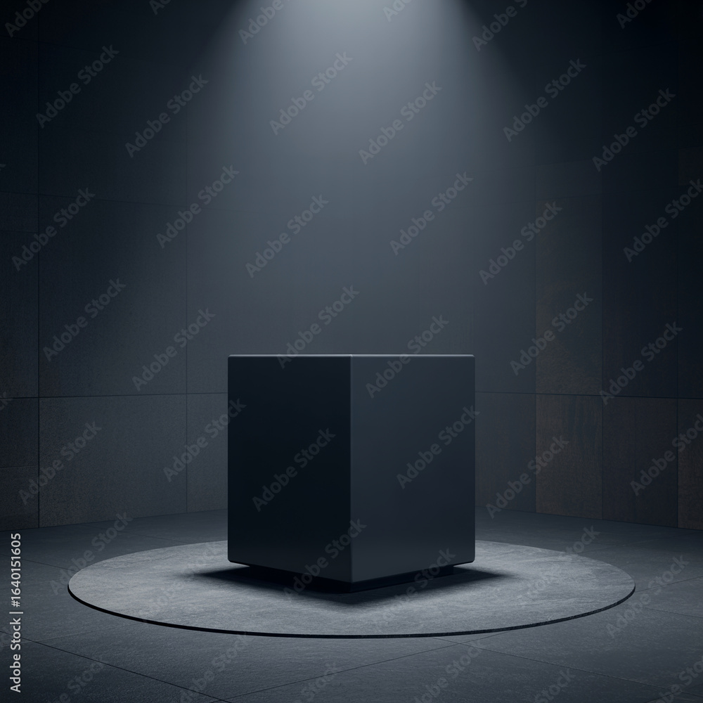 Aufkleber abstract cube illuminated by spotlight in dark room studio backdrop for product display or presentat