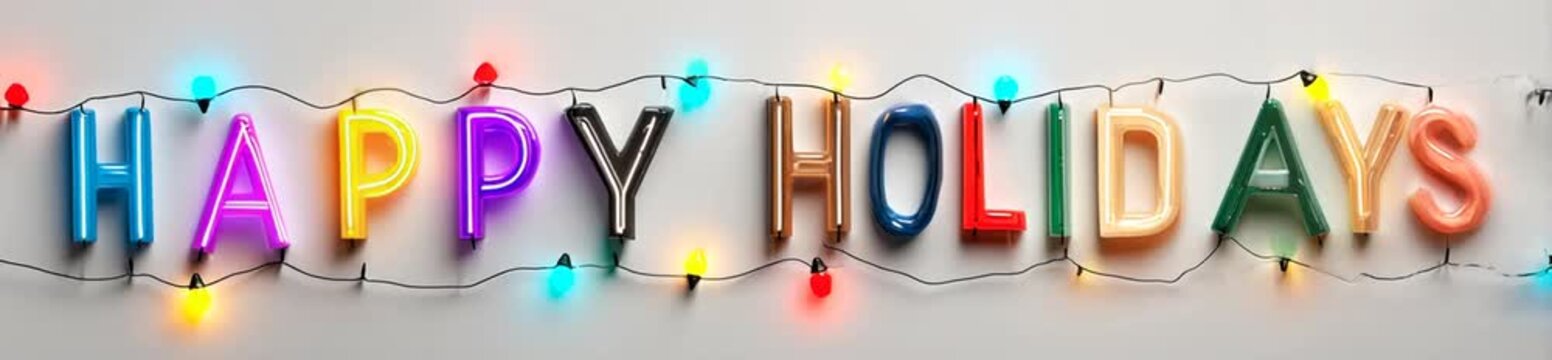 Festive Happy Holidays animation with glowing string lights on a dark background, sparkling bokeh, and warm seasonal ambiance, perfect for Christmas, New Year, and winter celebration visuals