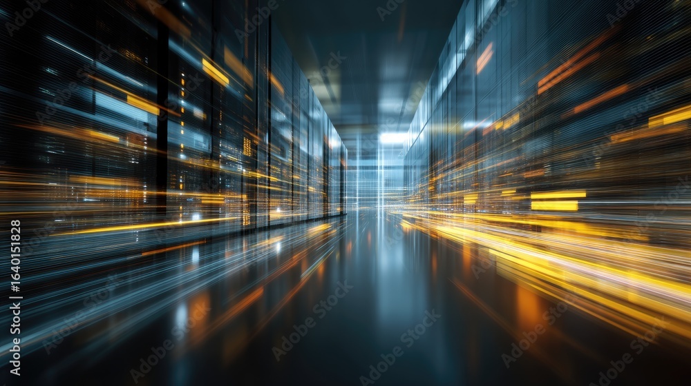 Aufkleber abstract digital data center with glowing blue and orange light trails representing high speed data 