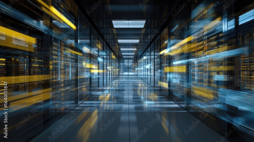 Aufkleber futuristic data center corridor with glowing blue and yellow light trails representing fast digital 