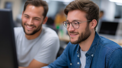 Fototapeta premium A mentor teaches video editing software to smiling interns