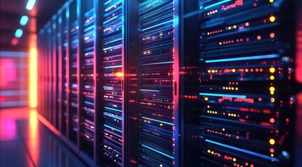 High tech data center with glowing blue and red server racks, perfect for IT infrastructure, cloud services, and advanced network technology marketing materials