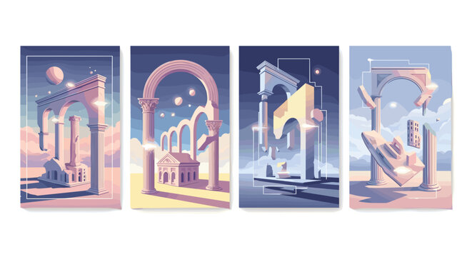 Abstract architectural art with celestial elements and ruins theme