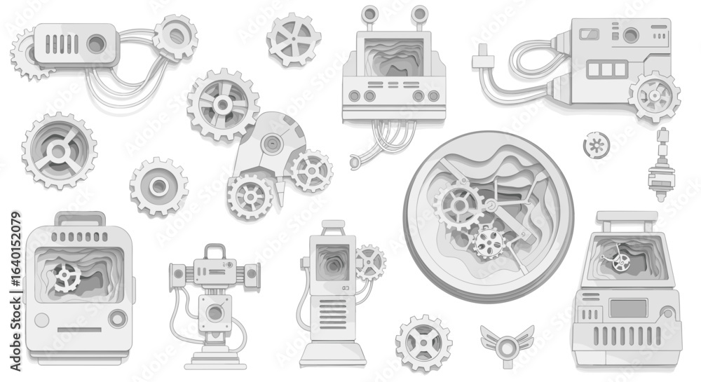 Aufkleber intricate mechanical components and gears in a complex system layout