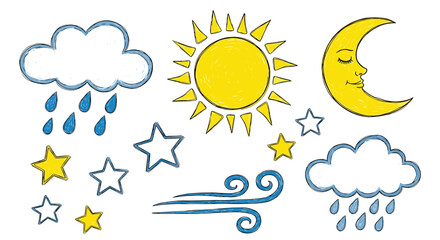 Weather icons with sun, moon, clouds, rain, and stars illustration