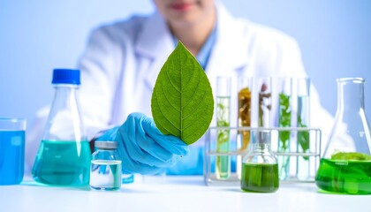 Scientist holding a vibrant green leaf in a laboratory setting.