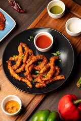 Close-up of crispy fried chicken fingers served in a black plate, styled with lemon slices, fresh chillies, and green-orange chutneys on a rustic brown wooden table.