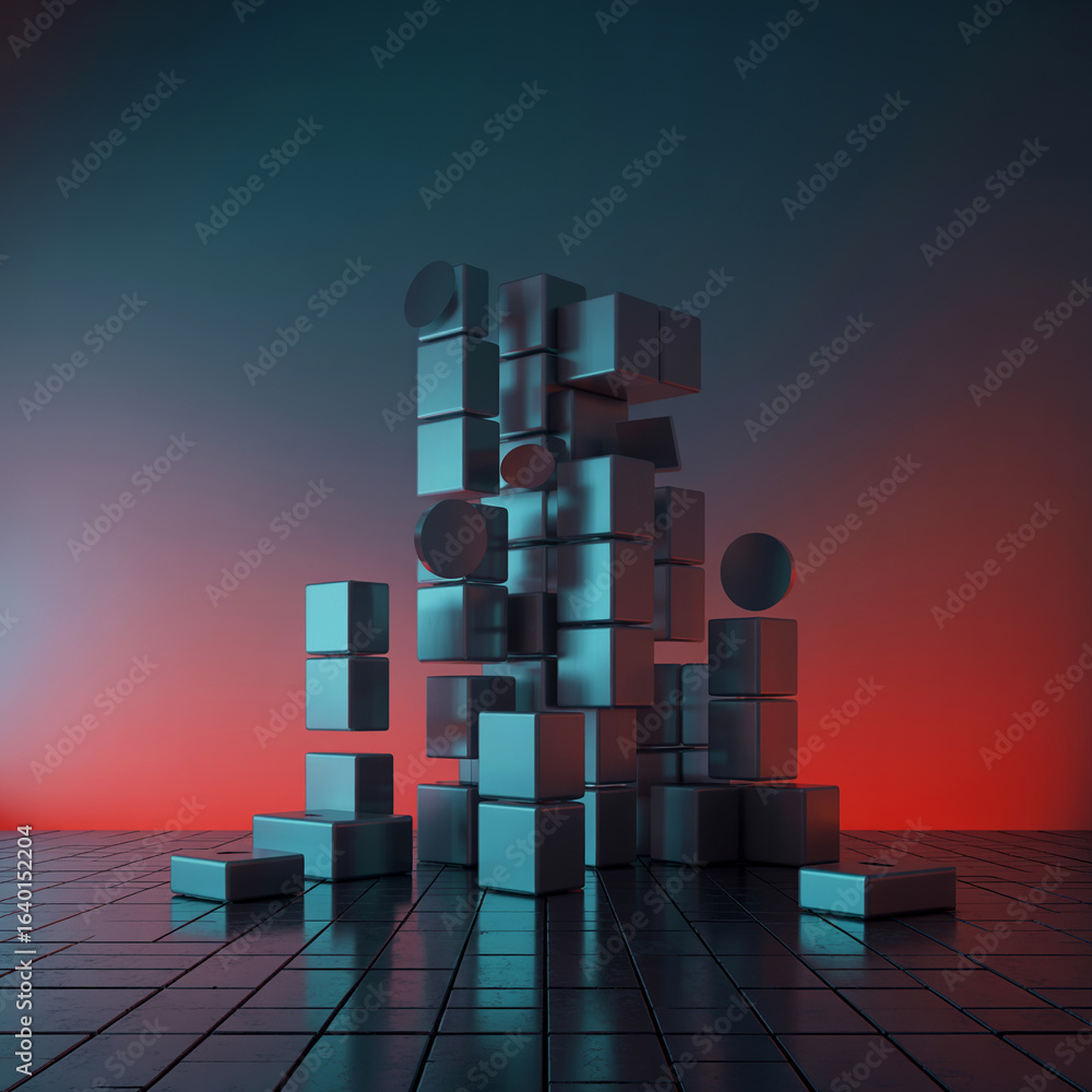 Aufkleber abstract geometric composition with cubes and spheres floating in space on a metallic tiled floor il