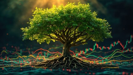 A green tree with a massive trunk is standing in the middle of a financial graph with glowing red and green lines and a bright sky in the background, representing a concept of business growth