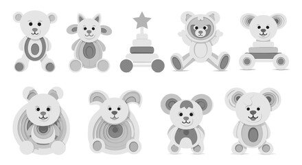 Teddy bear toys vector illustration with stuffed animals, baby toys and cute cartoon characters