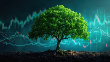 This image shows a green tree with spreading branches and roots growing from dark soil against a backdrop of financial charts with diverse curves. Concept of development, market analysis,