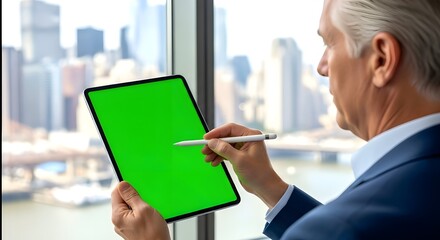 Over-the-Shoulder Business Executive Using Tablet with Green Screen in Modern Office