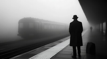 A moody and cinematic shot of a man waiting at a foggy train station, evoking suspense and mystery