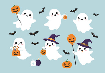 Naklejka premium Adorable ghosts in Halloween costumes holding pumpkins and candy bags surrounded by bats in a festive and spooky scene perfect for seasonal decorations and celebrations