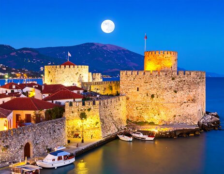 Ancient castle at night by the sea