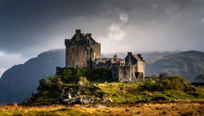 Obraz premium A weathered castle perched on a rocky hilltop, under a dramatic sky
