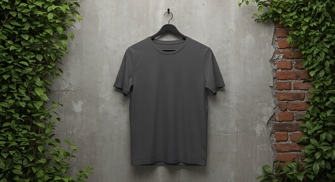 Fototapeta Dark gray t shirt hanging on a hanger against a textured wall