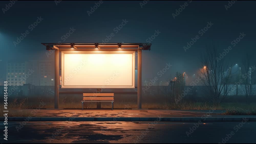 Poster empty bus stop at night illuminated by streetlights in a quiet urban area with fog softly hovering o