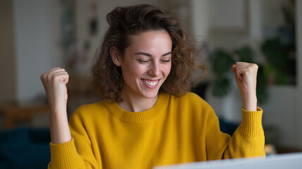 Happy graphic designer celebrates achievement with dance in home office
