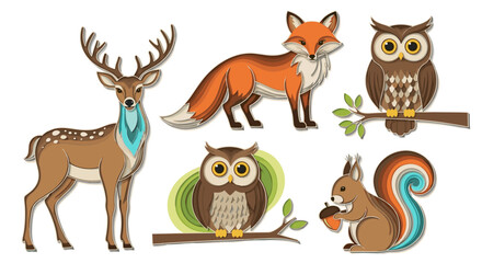 Naklejka premium Colorful illustrations of forest animals including owl and fox
