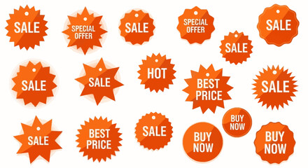 Collection of Orange Starburst and Circular Shaped Sale Special Offer Hot Best Price Buy Now Discount Labels and Tags Advertising Promotional Stickers for Marketing and E-commerce Design